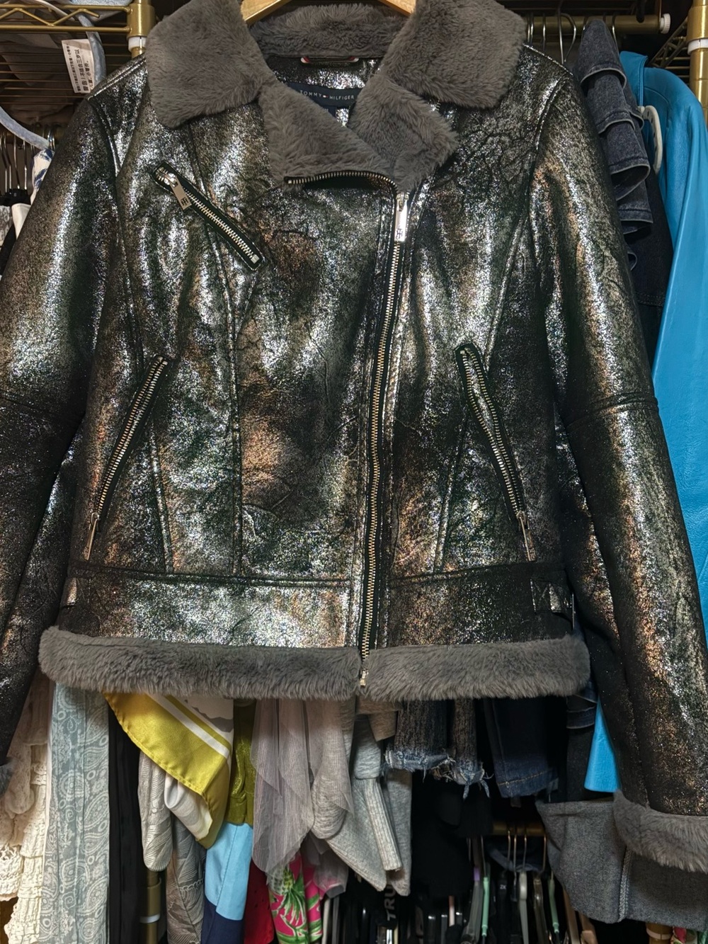 Tommy Hilfiger Metallic Sheen Moto Jacket with Faux Shearling - Gray metallic